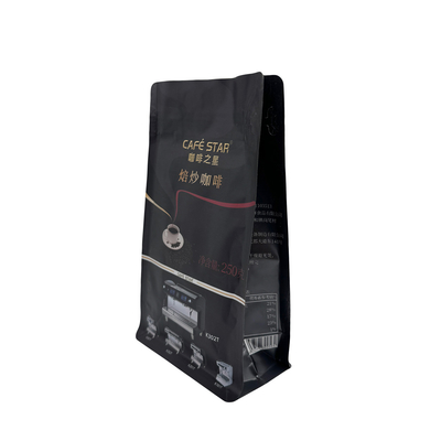 acheter Luxe en papier d'aluminium noir revêtu de 250g 8 côtés scellés boîte plate fond sac de café avec vanne et fermeture à glissière online manufacture