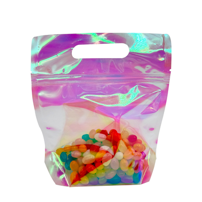 acheter Sacs à dos rose rayonnant de couleur holographique avec fermeture à glissière et trou de poignée pour l'emballage d'accessoires alimentaires online manufacture