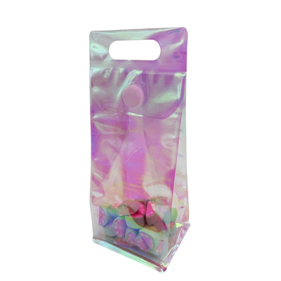 acheter Sac holographique personnalisé arc-en-ciel rose clair bas plat sac debout avec bouton adhésif recouvreable pour accessoire de bonbons online manufacture