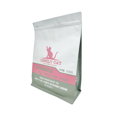 2500g personnalisé Matte Blanc 8 Sides Seal AL Foil Coated Box Carré Fond Sac d'emballage alimentaire pour animaux de compagnie avec fermeture à glissière facile à ouvrir