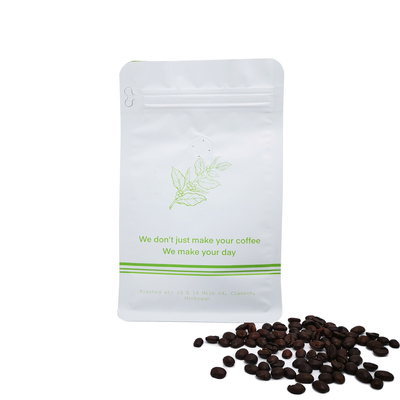Enveloppe de café sur mesure imprimé 340 grammes 12 oz blanc mat bas plat avec soupape avant déchirure hors fermeture à glissière