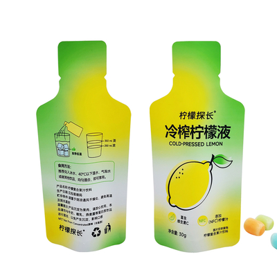 Bouteille imprimée à l' odeur sur mesure en forme de poche debout avec encas de larme enduit de papier pour emballage de boissons au jus de citron
