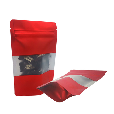 Passionné rouge mat papier métallique dos debout sacs de collations réutilisables avec fermeture à glissière et fenêtre pour les affaires de fête