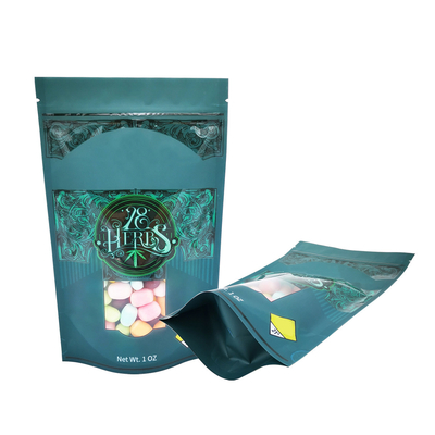 1 OZ Impression UV à tache mate Sac debout avec fermeture à glissière et fenêtre ré-fermable pour emballage de mauvaises herbes, herbes, bonbons