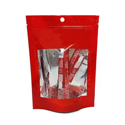 Sac à café imprimé personnalisé à fermeture à glissière rouge brillant avec fond de fenêtre transparent pour emballer le café instantané