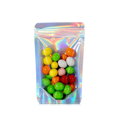 Sacs à sacs holographiques laser debout avec fermeture à glissière pour les bonbons, les fleurs, les mauvaises herbes, les haricots, les aliments et les accessoires