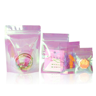 13x18x3cm Hologramme laser arc-en-ciel rose sacs debout avec fermeture à glissière pour les bonbons, bijoux, accessoires emballage