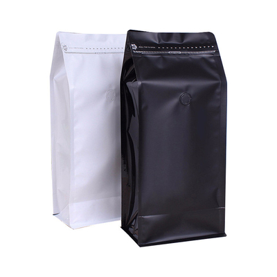 1lb Blanc Noir Barrière haute Sac à café à fond plat Foil en aluminium avec soupape Fermeture à glissière latérale ré-verrouillable